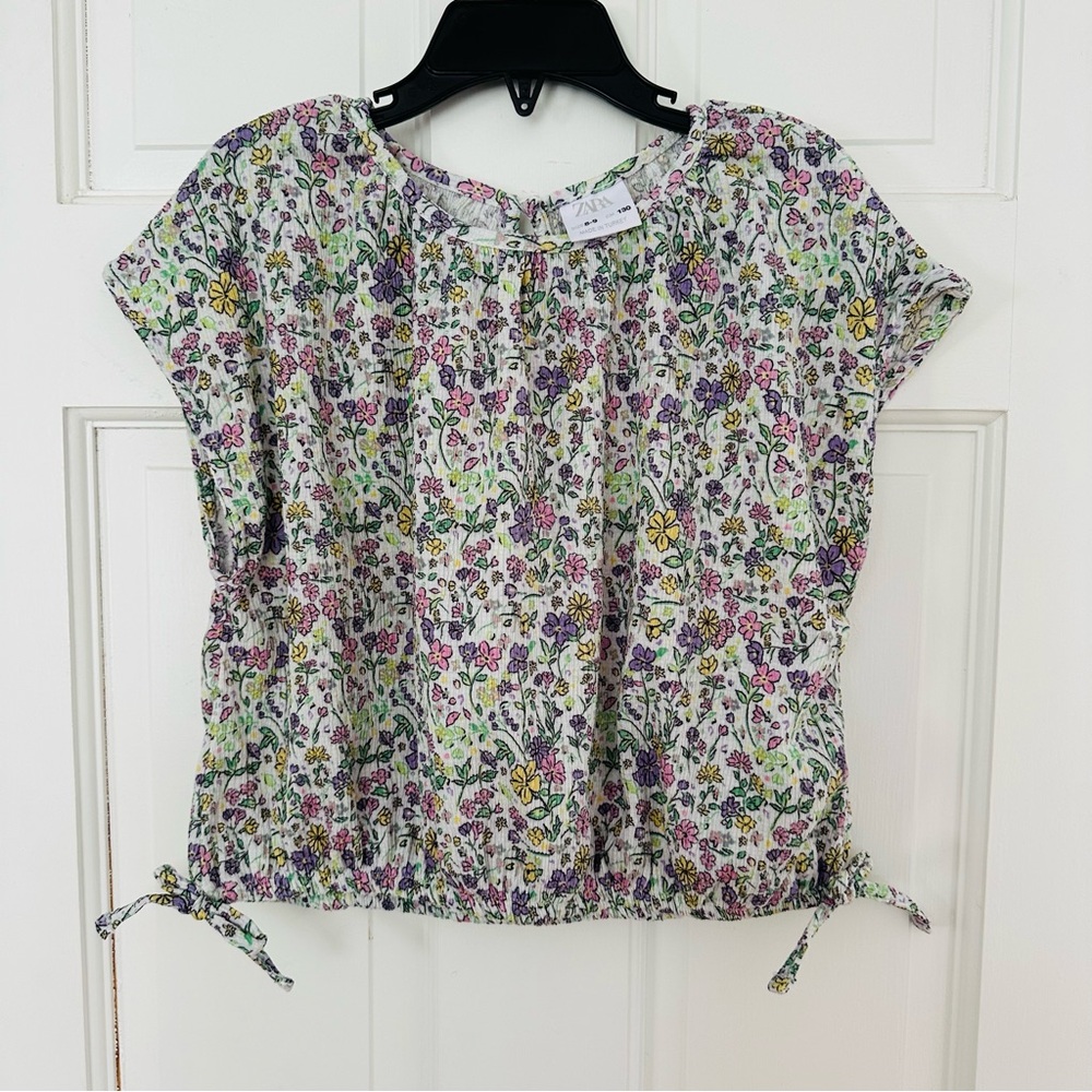 Zara Floral Short Sleeve Drawstring Hem Top - White with Yellow, Purple, Green